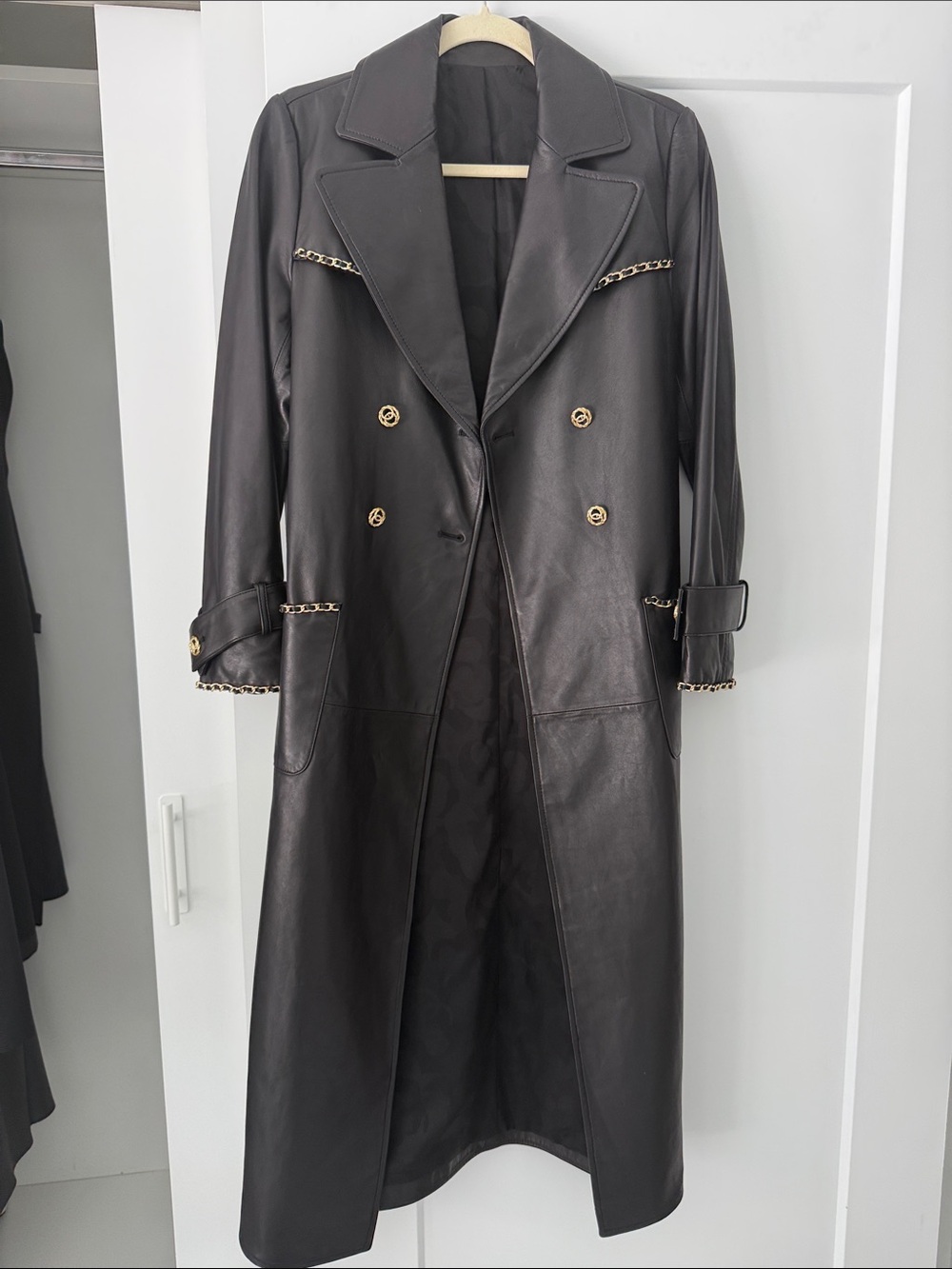 Women’s Black Faux Leather Long Trench Coat with Gold Chain Trim